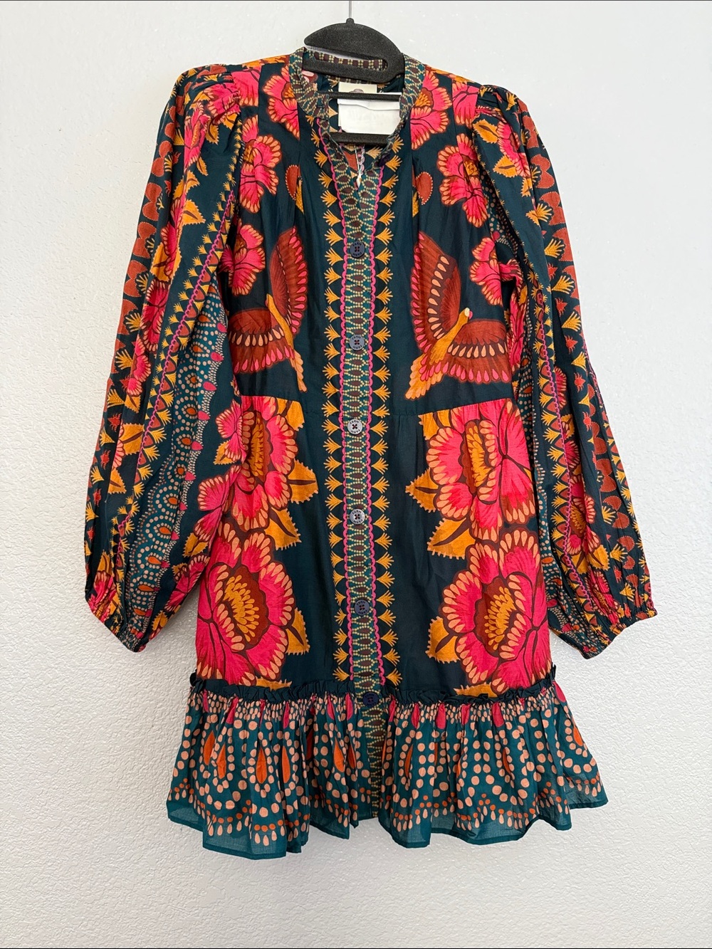 FARM Rio Teal Black Dress with Pink and Orange Floral Print